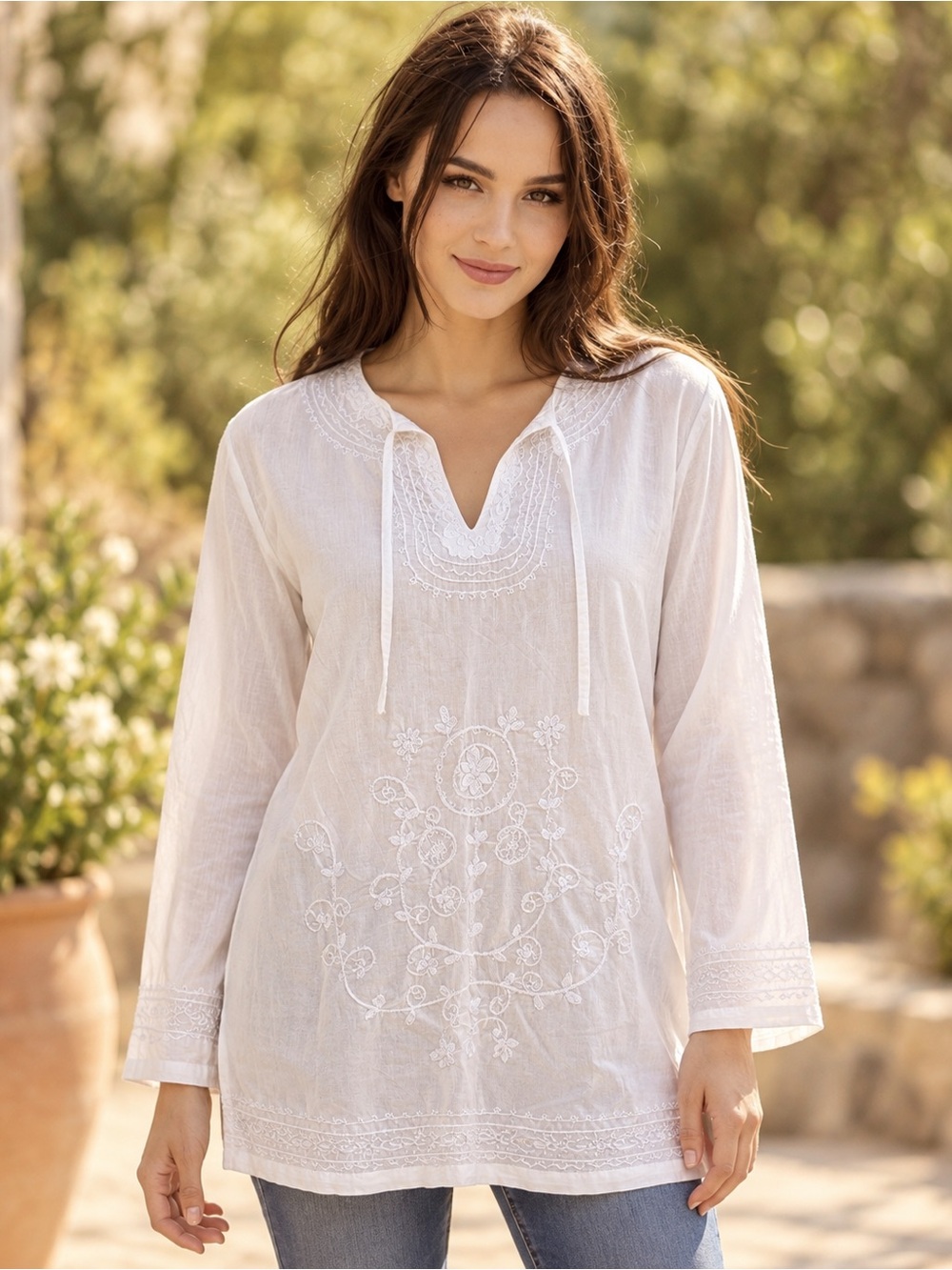 PEEKAY - White 100% Cotton India Embroidered Boho Tunic Blouse Long Sleeve